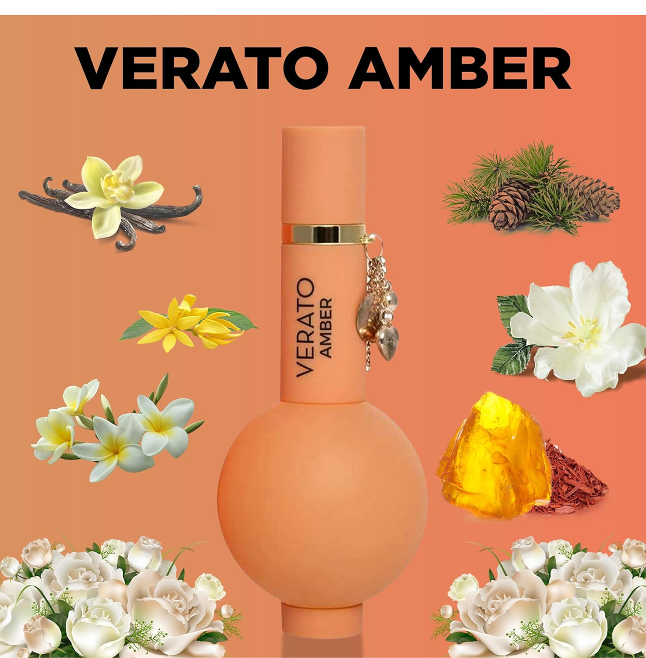 Verato Amber, Eau de Parfum para mujer (EDP) 3.4 FL. Oz (3.4 fl oz), Perfume de mujer con notas de ylang-ylang, flores blancas, frangipani, ámbar, almizcle, vainilla, ced