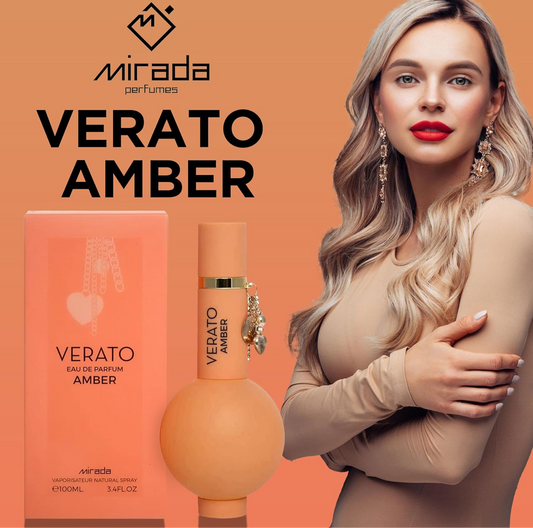 Verato Amber, Eau de Parfum para mujer (EDP) 3.4 FL. Oz (3.4 fl oz), Perfume de mujer con notas de ylang-ylang, flores blancas, frangipani, ámbar, almizcle, vainilla, ced